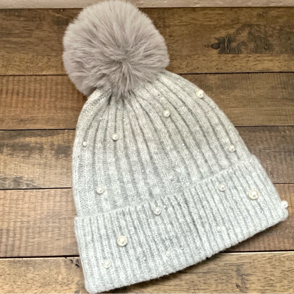C.C Beanie PomPom Hat Pearl Rhinestone Embellished Coquette Feminine Outdoor NEW - Picture 5 of 9